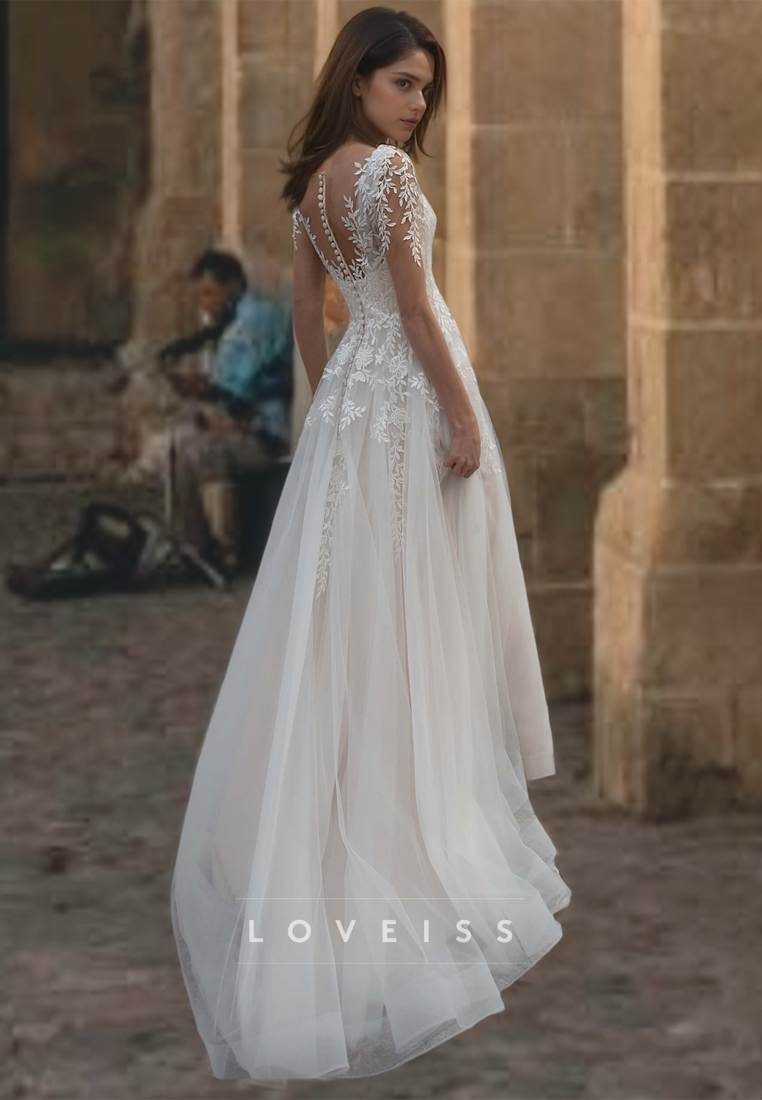 V-Neck Long Sleeves Appliques Tulle A-Line Wedding Dress