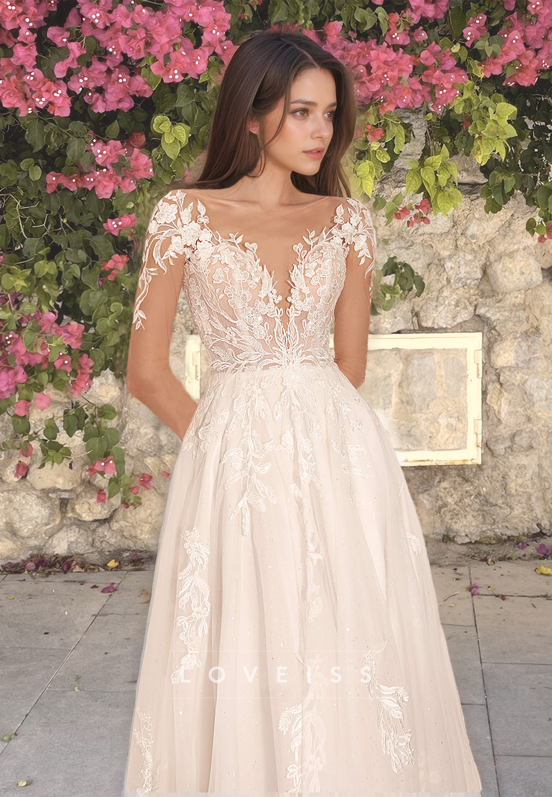 V-Neck Long Sleeves Appliques Tulle A-Line Wedding Dress