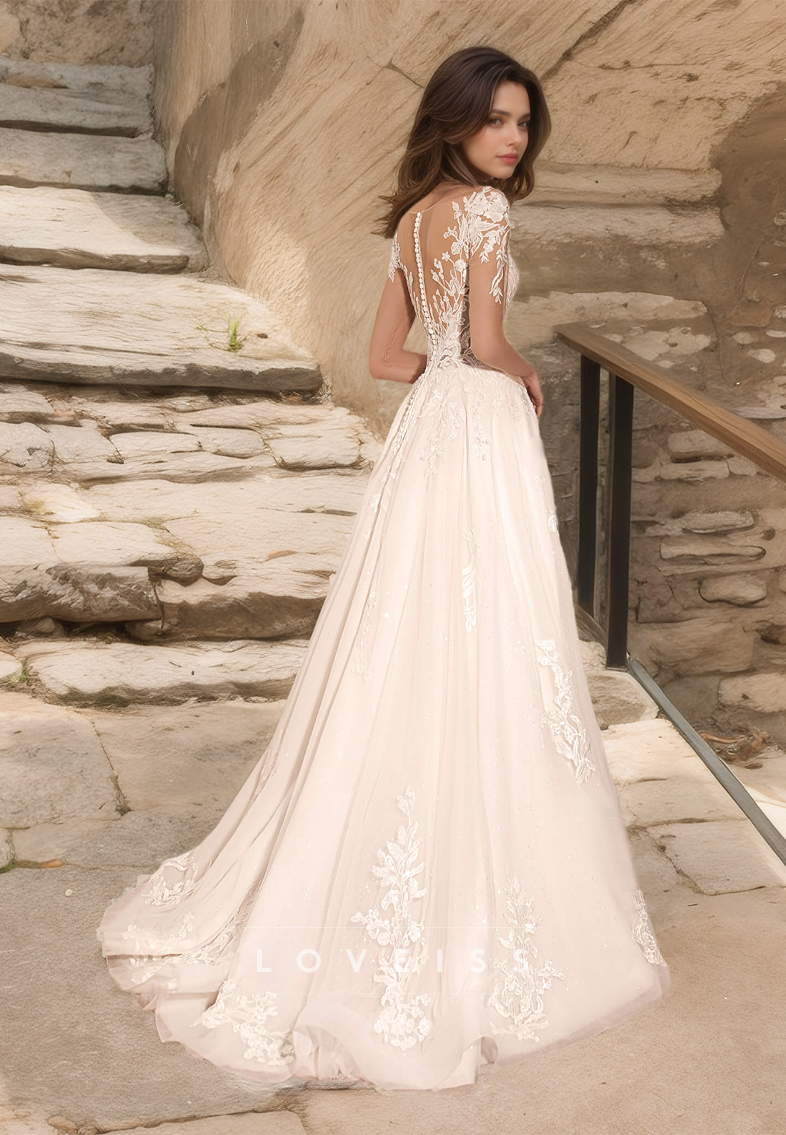 V-Neck Long Sleeves Appliques Tulle A-Line Wedding Dress
