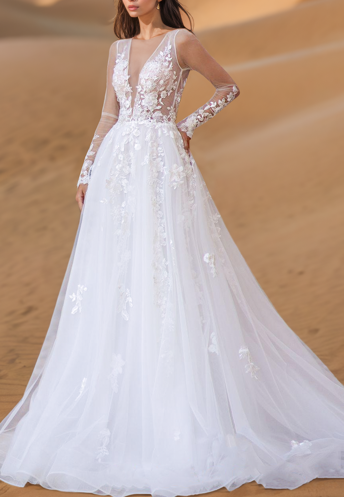 V-Neck Long Sleeves Appliques Tulle Ball Gown Wedding Dress