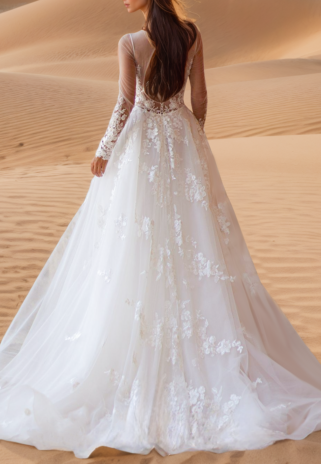 V-Neck Long Sleeves Appliques Tulle Ball Gown Wedding Dress