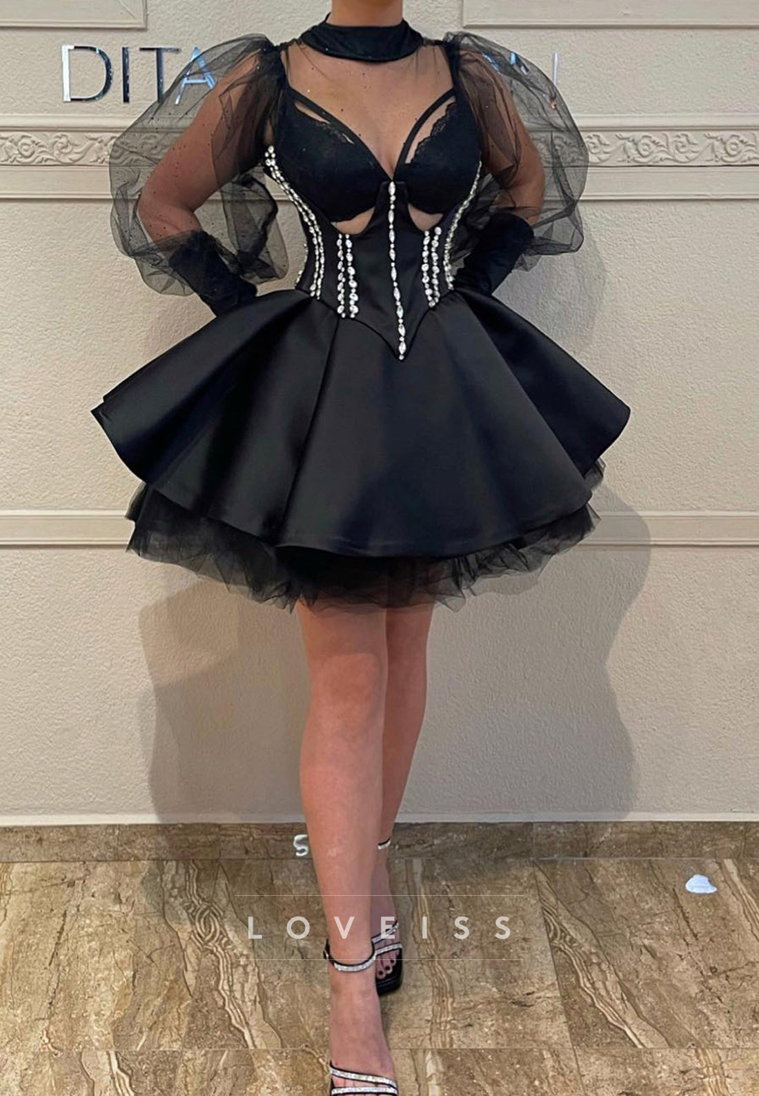 V-Neck Long Sleeves Beaded A-Line Party Homecoming Dress