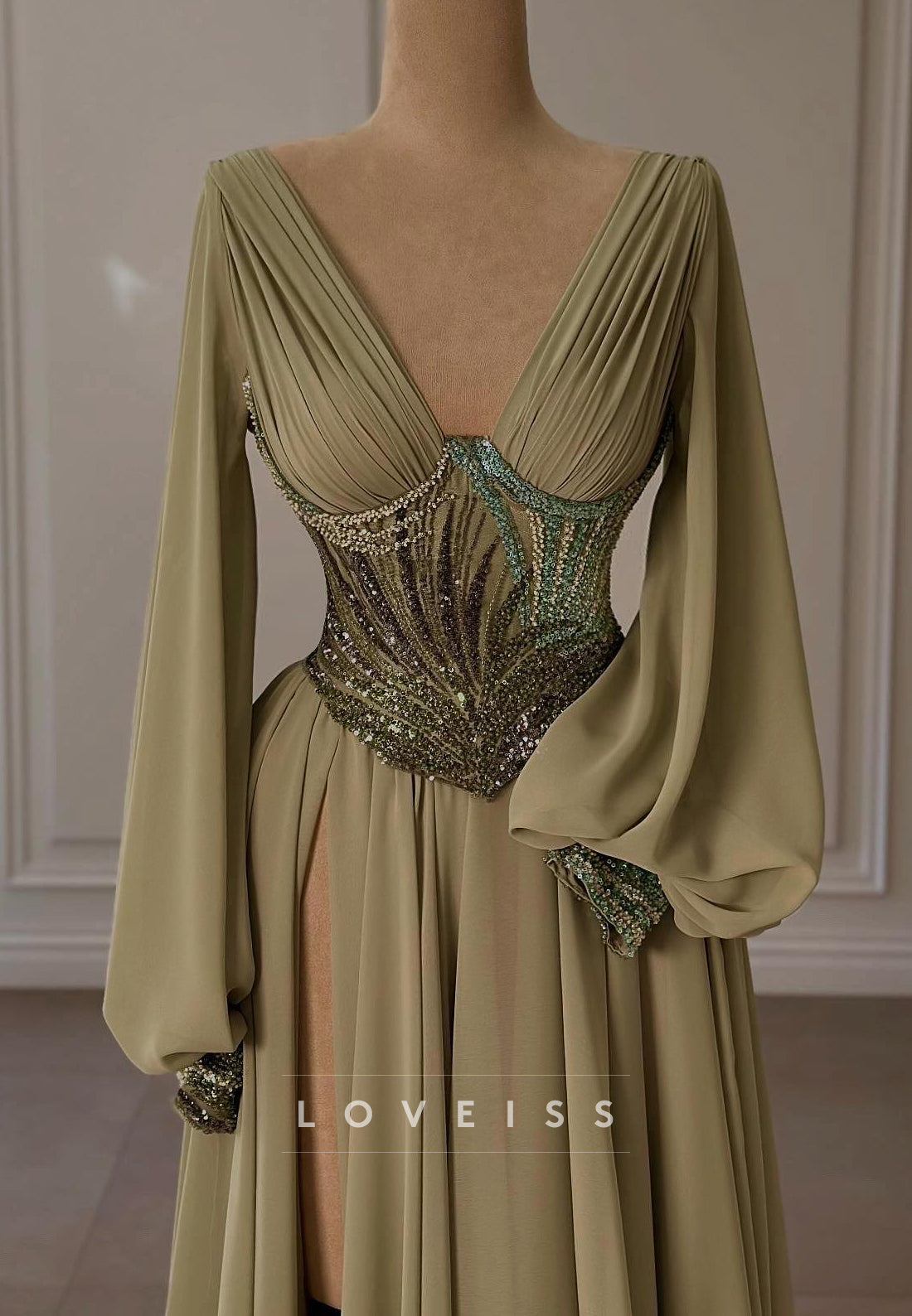 V-Neck Long Sleeves Beaded A-Line Pleated A-Line Evening Dress