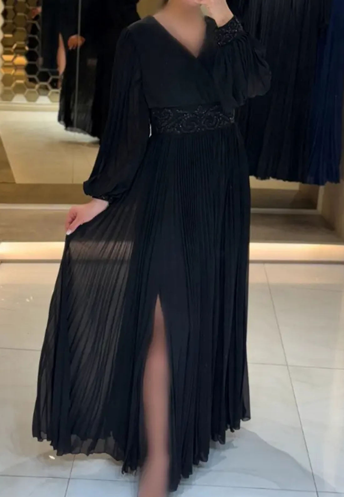 V-Neck Long Sleeves Beaded Chiffon A-Line Formal Dress