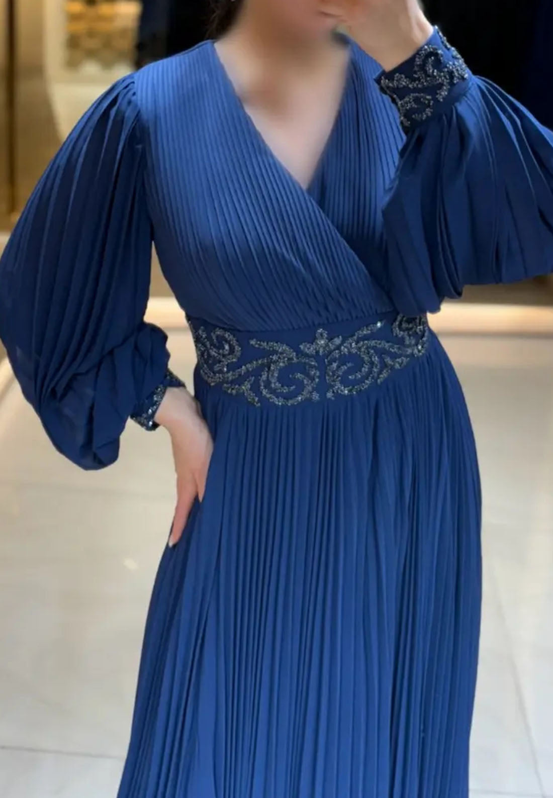 V-Neck Long Sleeves Beaded Chiffon A-Line Formal Dress