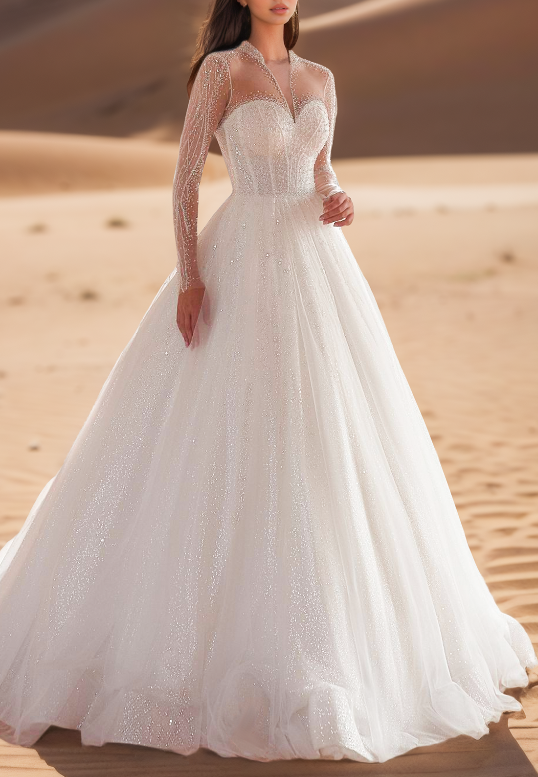 Sweetheart Long Sleeves Beaded Emboridery Tulle Ball Gown Wedding Dress