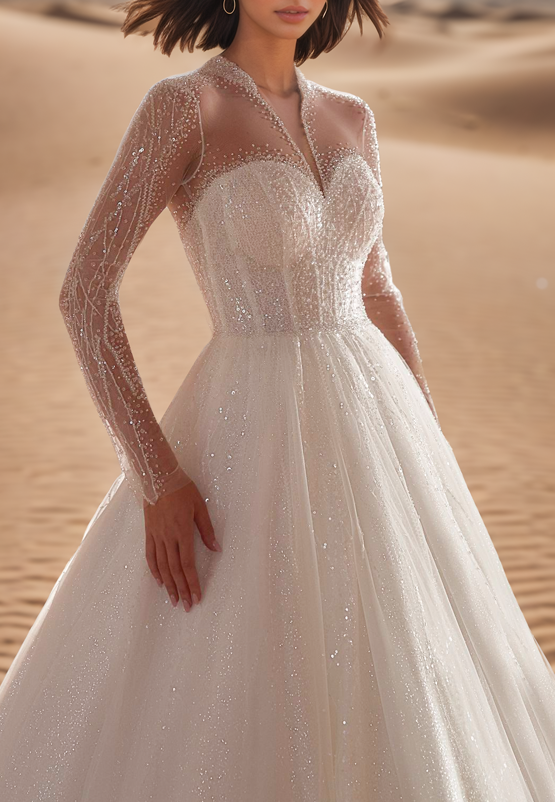 Sweetheart Long Sleeves Beaded Emboridery Tulle Ball Gown Wedding Dress