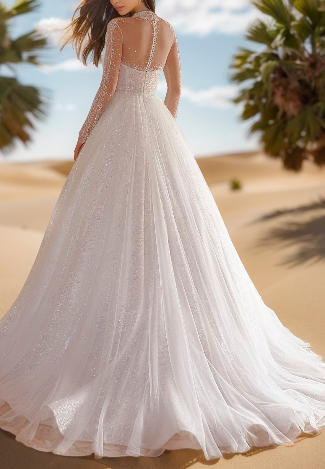 Sweetheart Long Sleeves Beaded Emboridery Tulle Ball Gown Wedding Dress