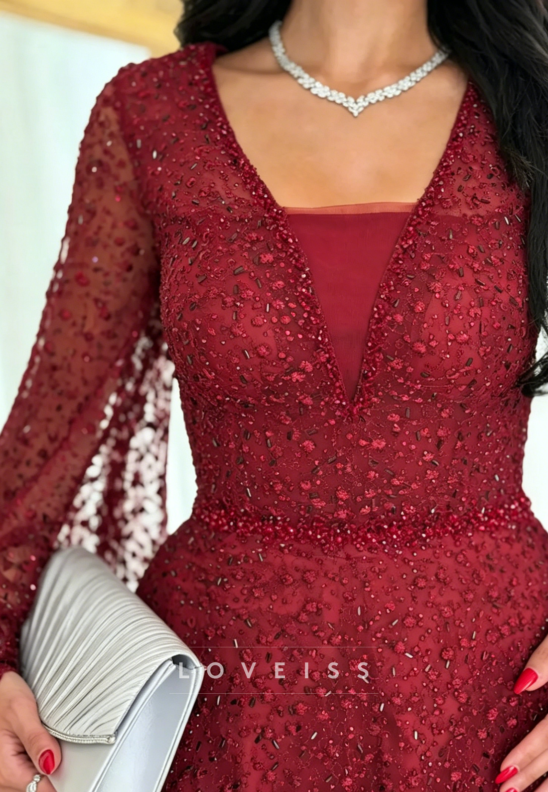 V-Neck Long Sleeves Beaded Embroidery A-Line Evening Dress