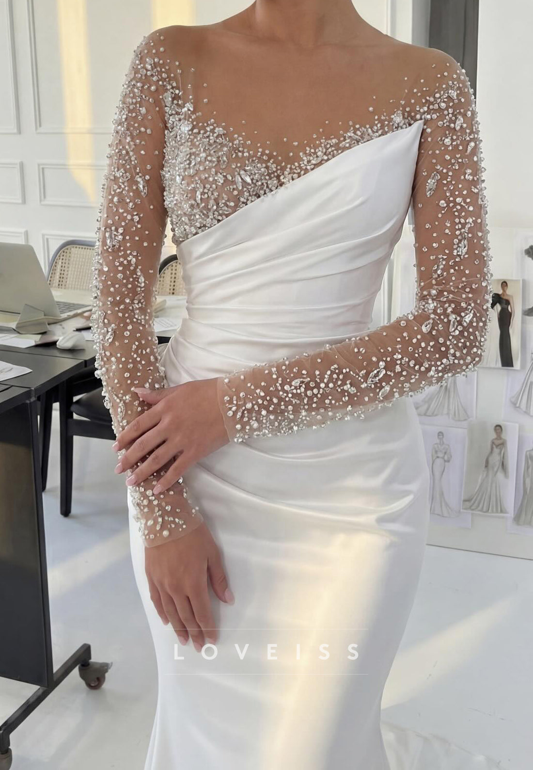V-Neck Long Sleeves Beaded Mermaid Wedding Dress