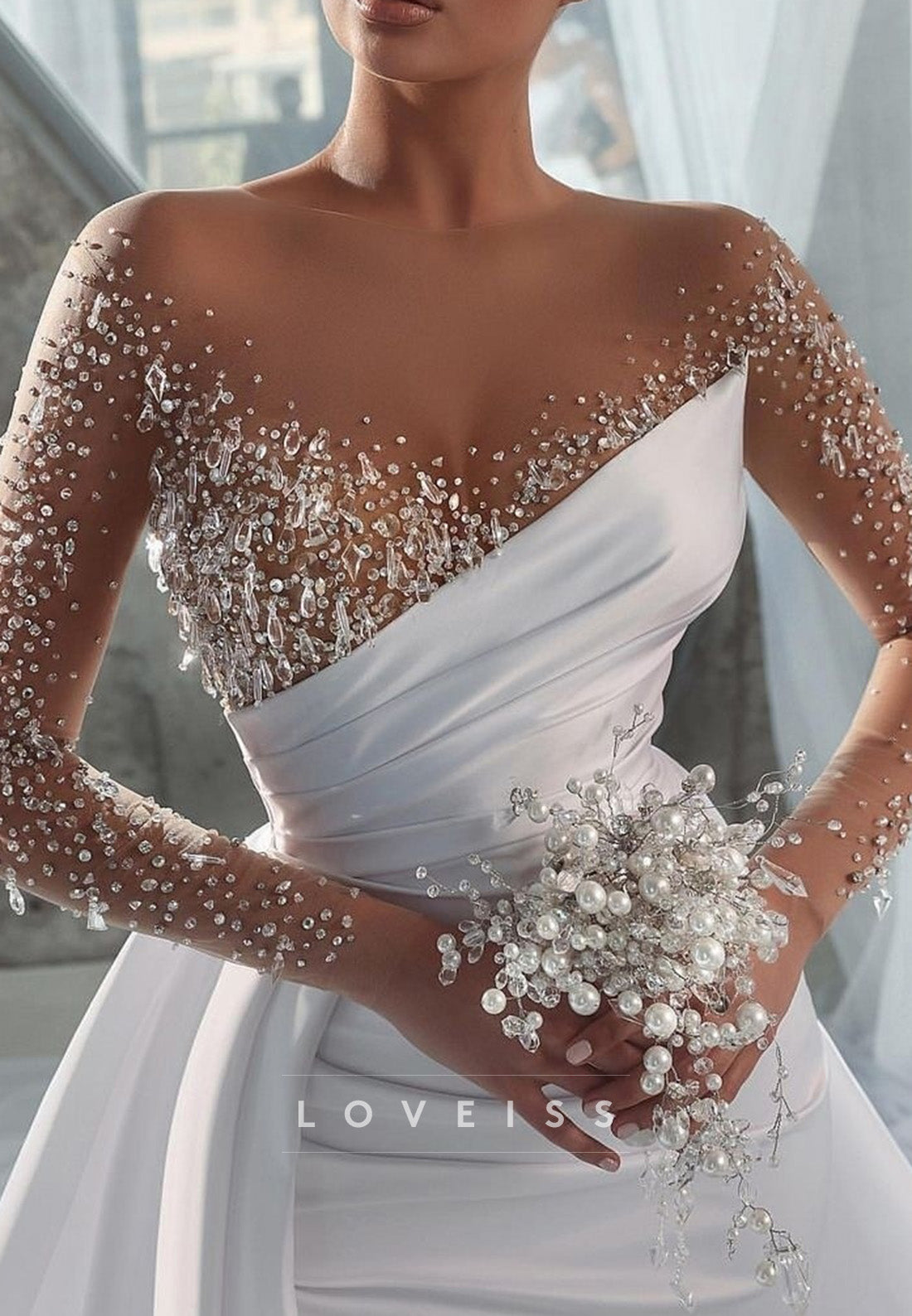 V-Neck Long Sleeves Beaded Pleated Detachable Train Sheath Wedding Dress