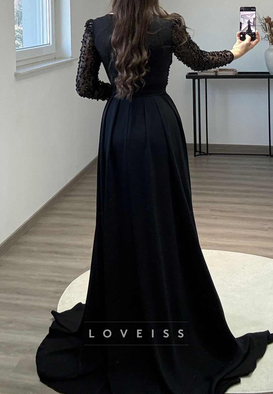 V-Neck Long Sleeves Beaded Pleated Sheath Formal Dress