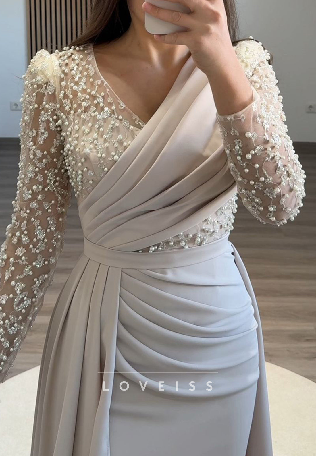 V-Neck Long Sleeves Beaded Pleated Sheath Formal Dress