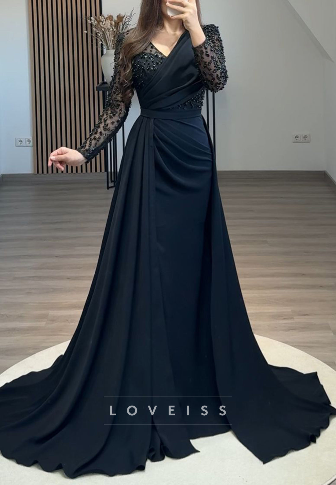 V-Neck Long Sleeves Beaded Pleated Sheath Formal Dress