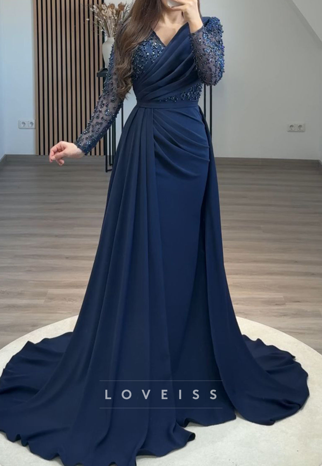V-Neck Long Sleeves Beaded Pleated Sheath Formal Dress