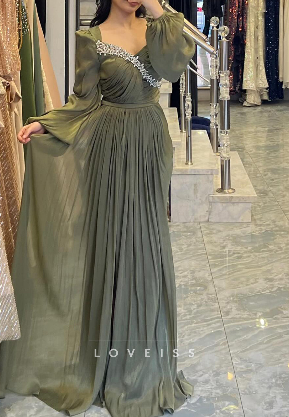 V-Neck Long Sleeves Beaded Pleated Sheath Mother of Bride Dress