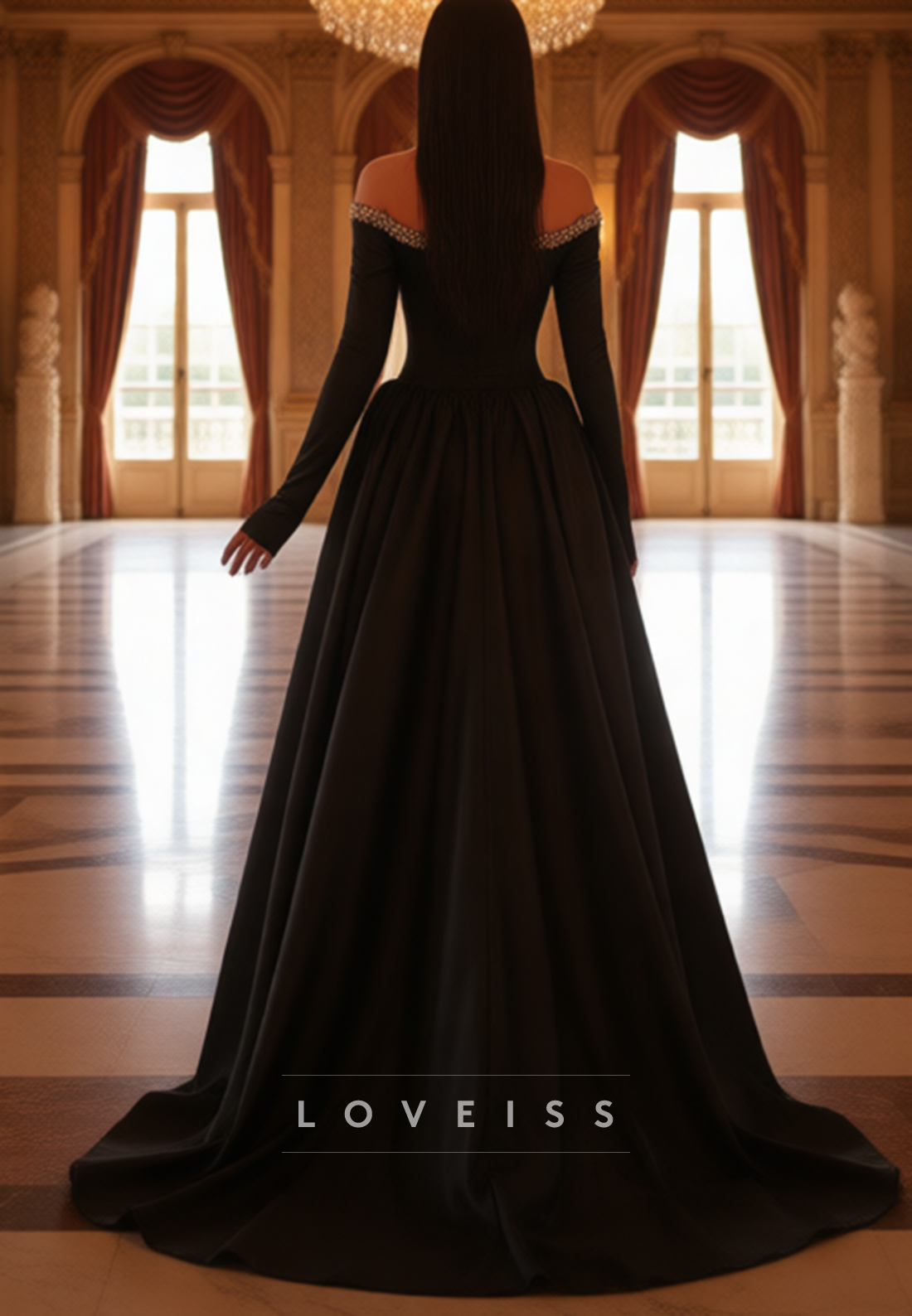 V-Neck Long Sleeves Beaded Side Slit A-Line Evening Dress