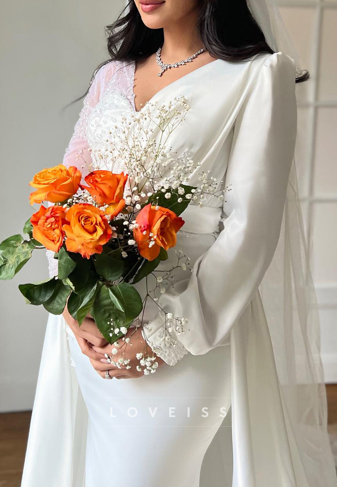 V-Neck Long Sleeves Beading Pleated Mermaid Wedding Dress