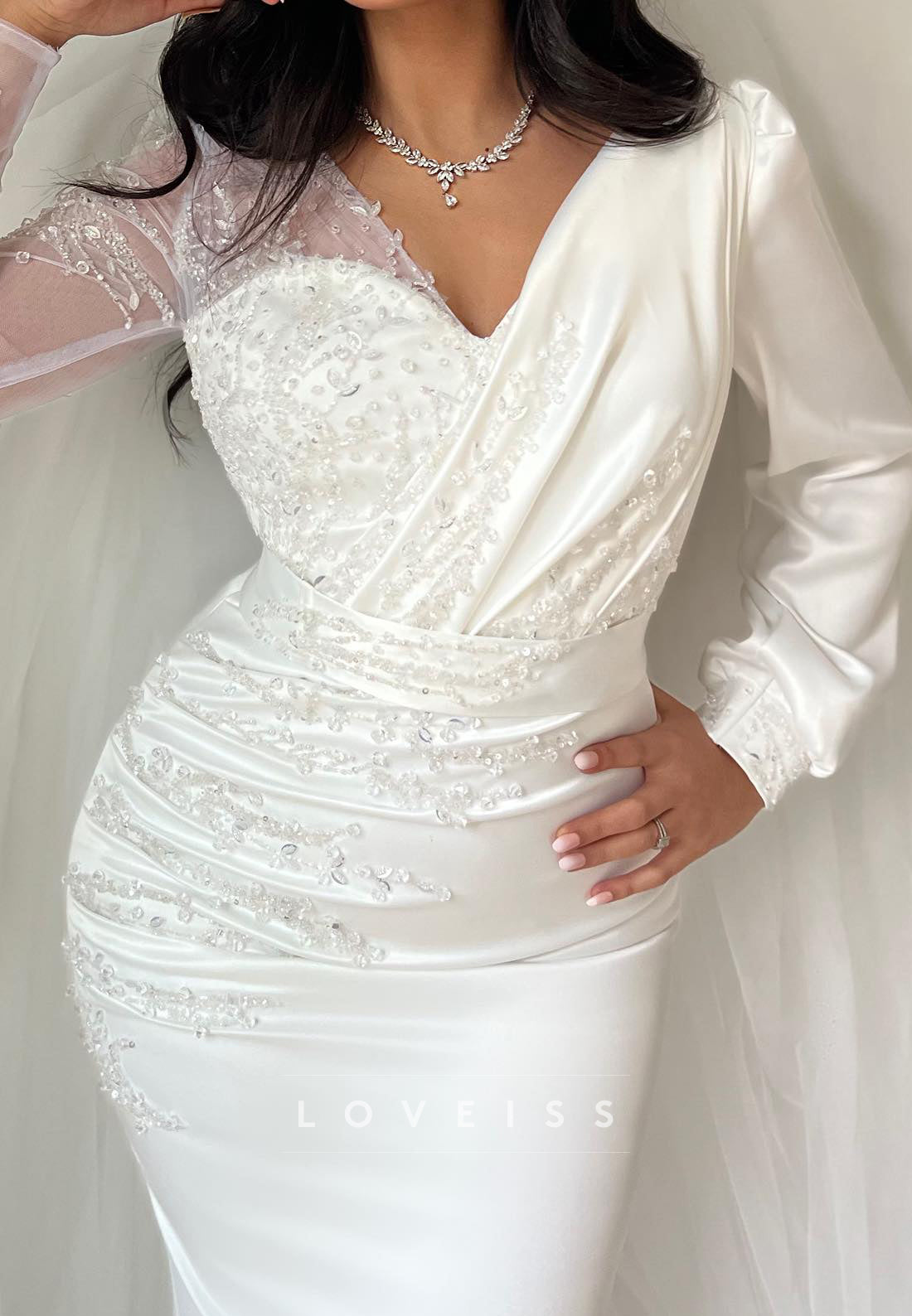 V-Neck Long Sleeves Beading Pleated Mermaid Wedding Dress