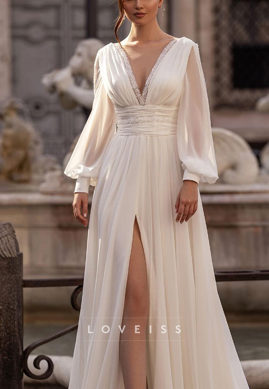 a line chiffon beach wedding dress Beach Chiffon Wedding Dresses with Slit Lace V Neck Backless A Line Bridal Gowns