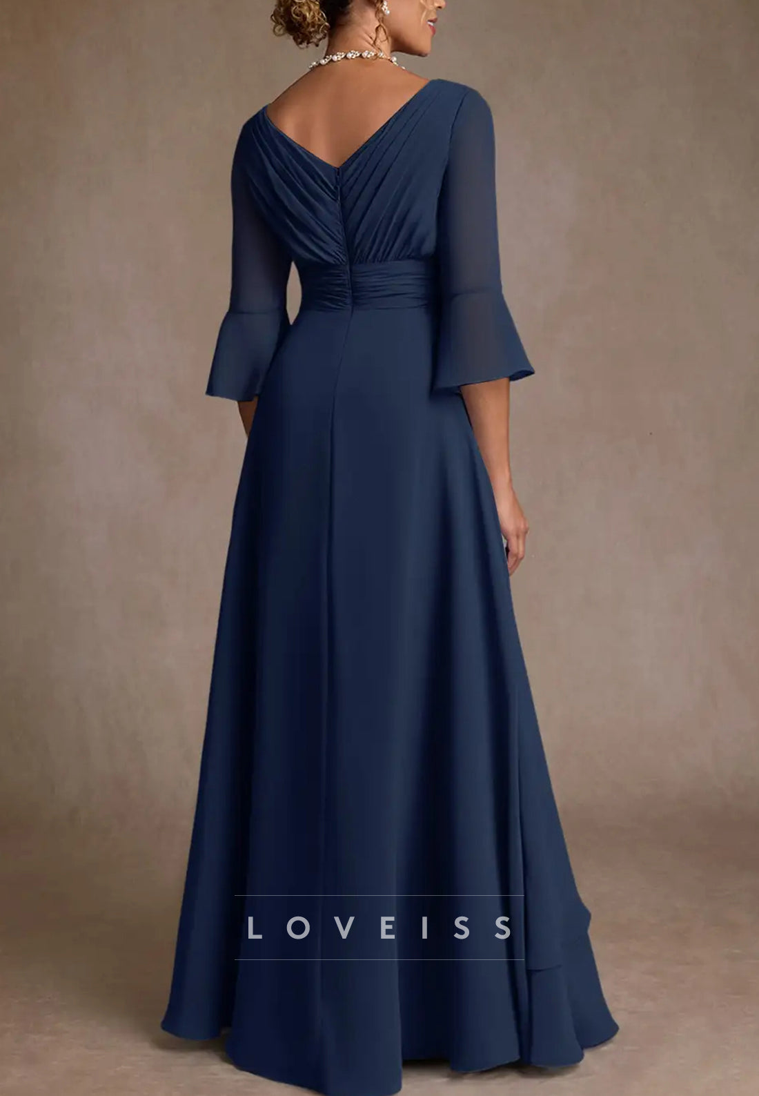 V-Neck Long Sleeves Chiffon A-Line Mother of Bride Dress