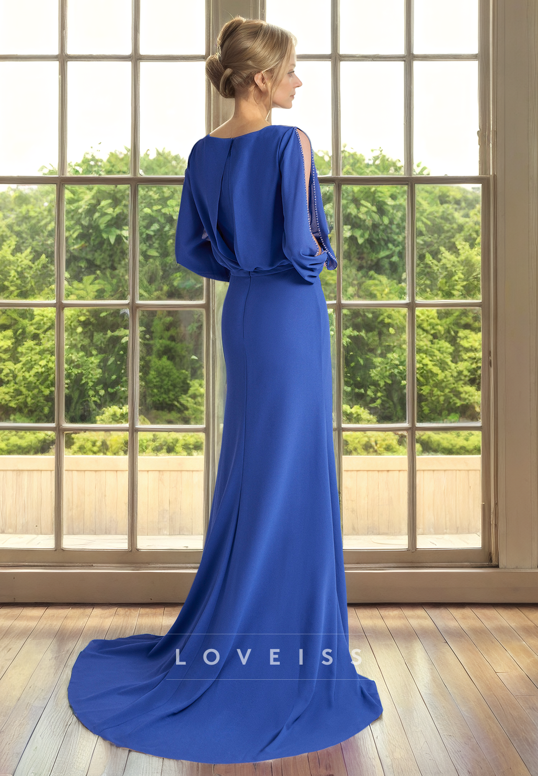 V-Neck Long Sleeves Chiffon Long Mother of Bride Dress Cocktail Dress