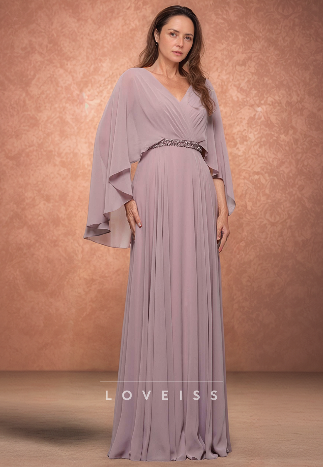 Neck Long Sleeves Chiffon Pleated A-Line Mother of Bride Dress