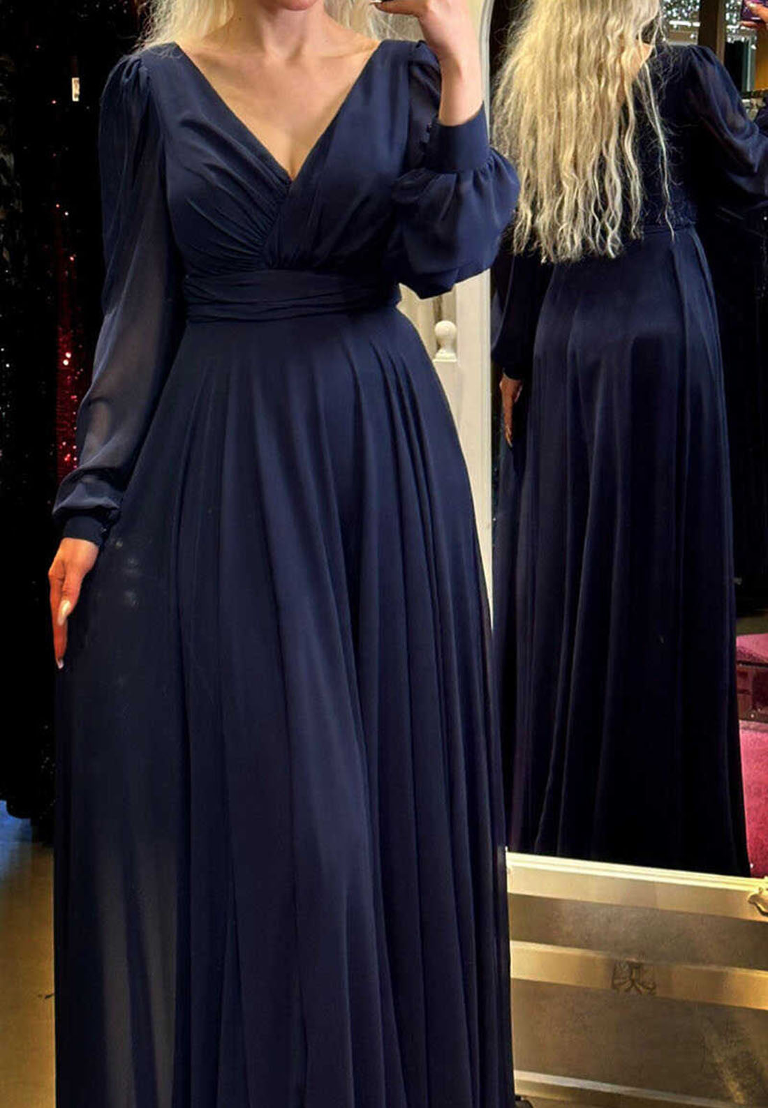 V-Neck Long Sleeves Chiffon Pleated A-Line Mother of Bride Dress
