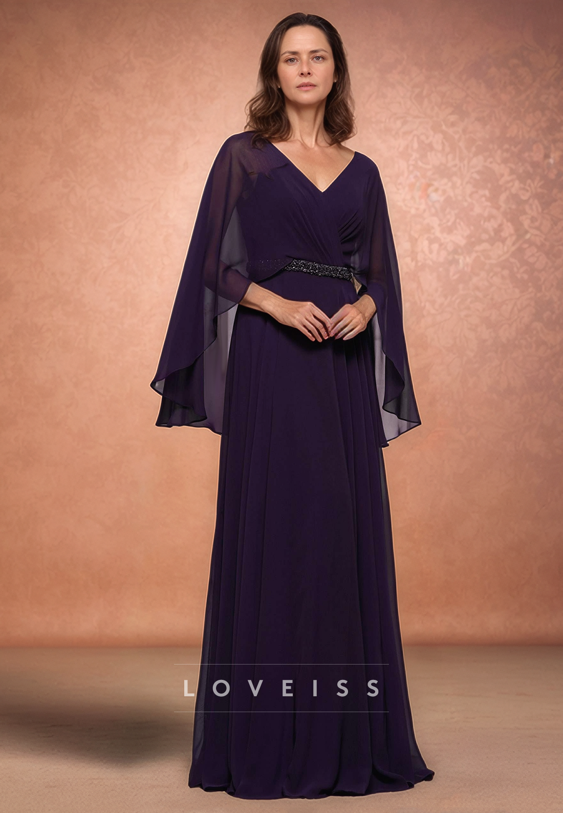 Neck Long Sleeves Chiffon Pleated A-Line Mother of Bride Dress