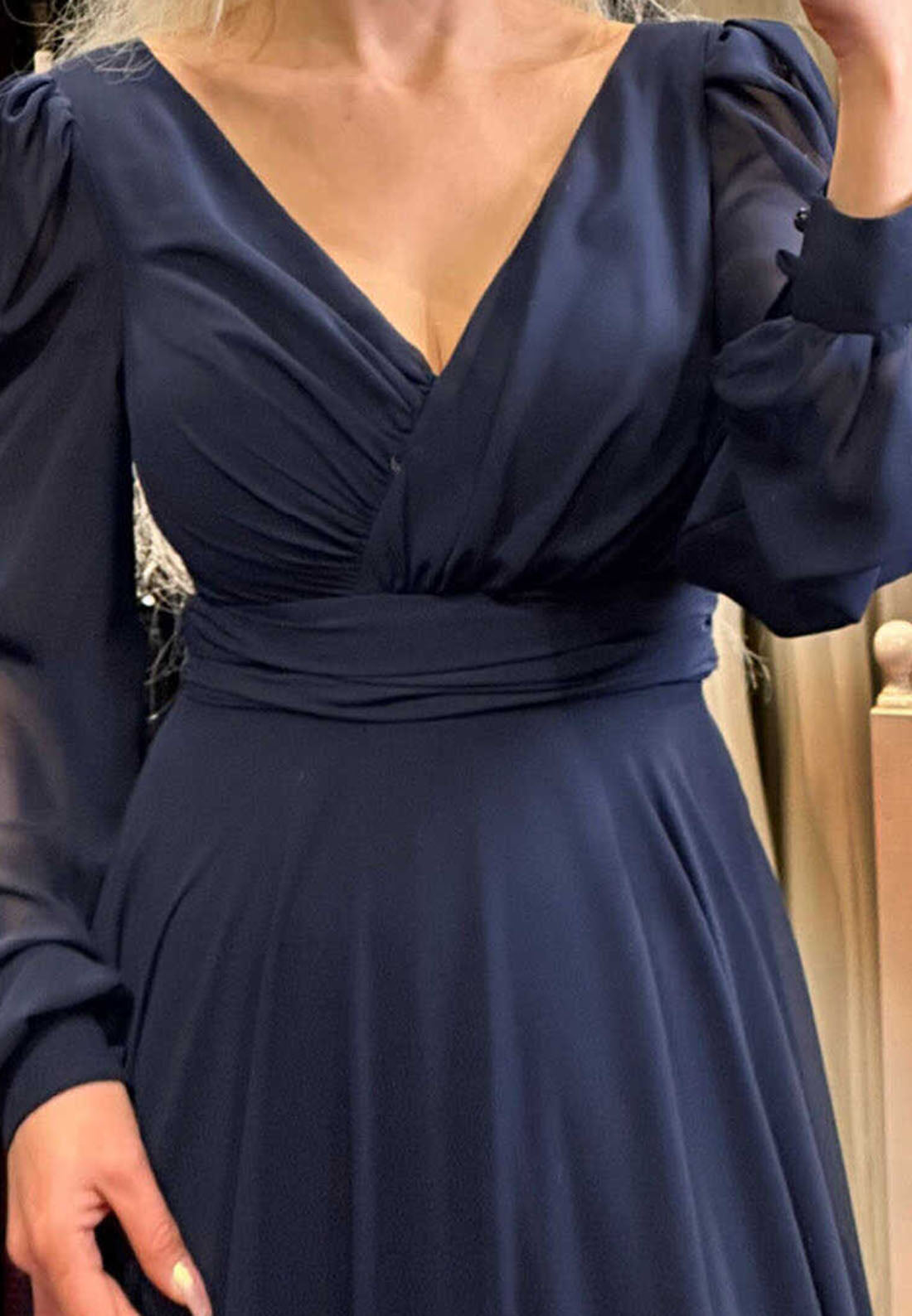 V-Neck Long Sleeves Chiffon Pleated A-Line Mother of Bride Dress