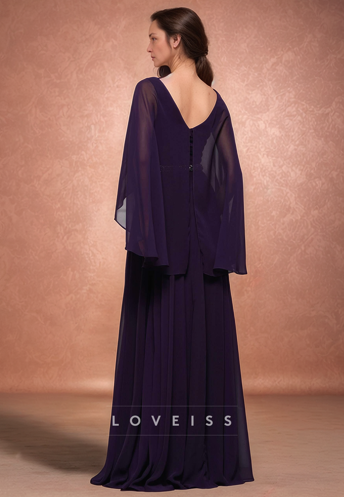 Neck Long Sleeves Chiffon Pleated A-Line Mother of Bride Dress