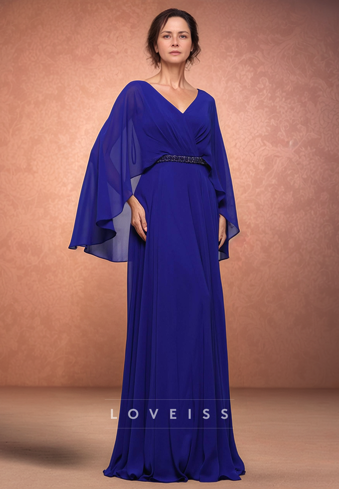 Neck Long Sleeves Chiffon Pleated A-Line Mother of Bride Dress