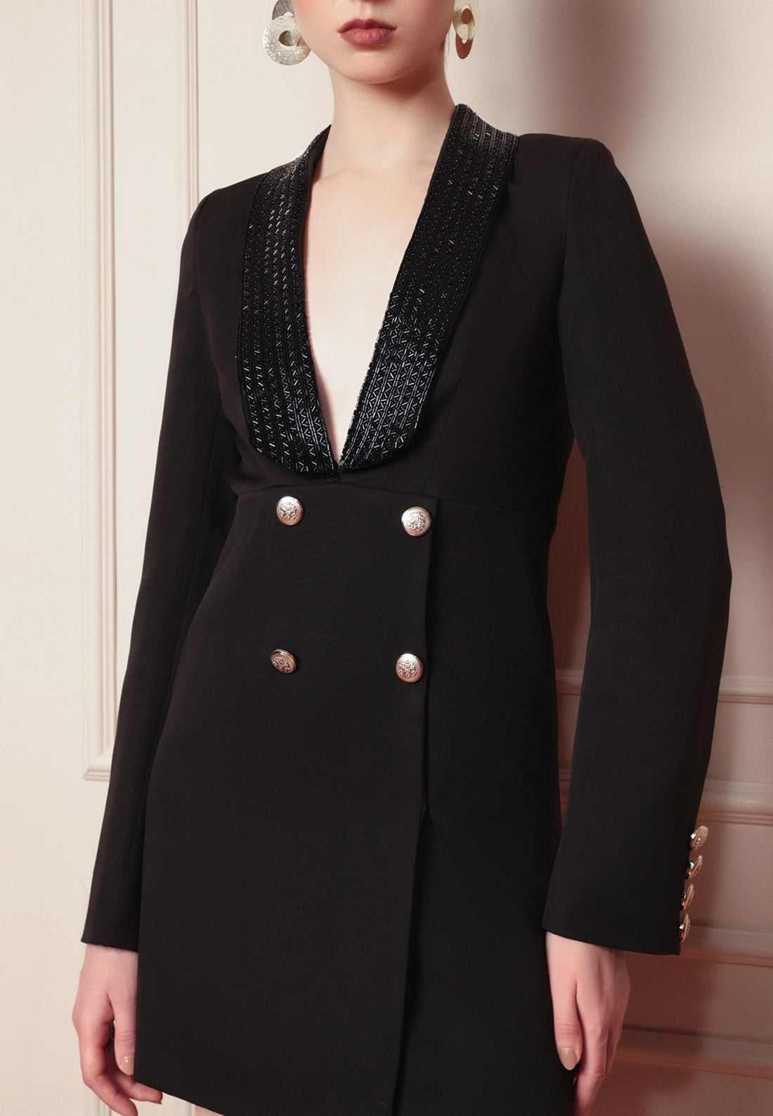 V-Neck Long Sleeves Cut Out Blazer A-Line Short Mini Dress