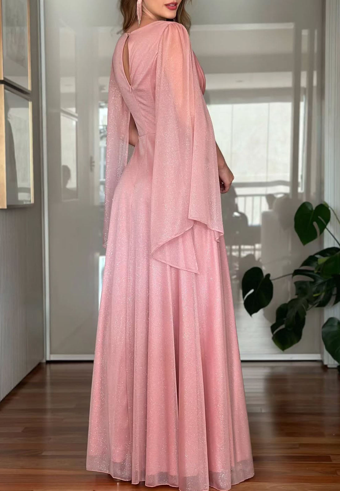 V-Neck Long Sleeves Empire Waist Pleated A-Line Mother of Bride Dress