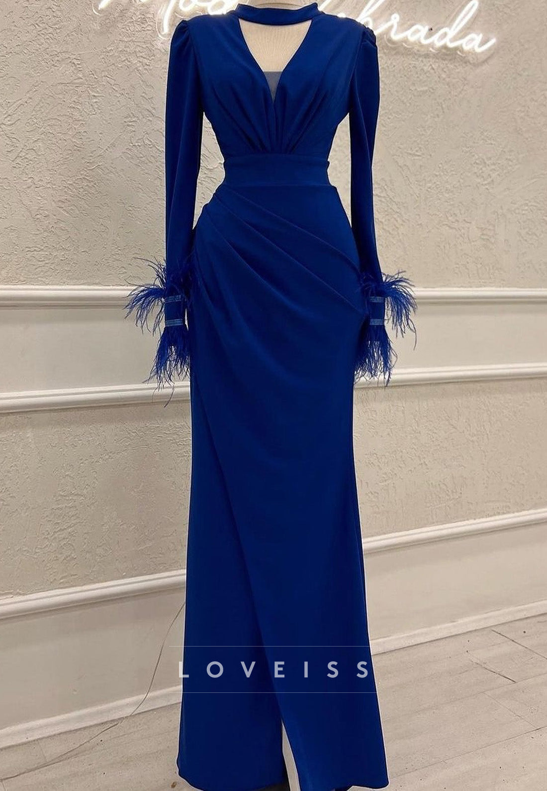 V-Neck Long Sleeves Feathered Sheath Formal Dress