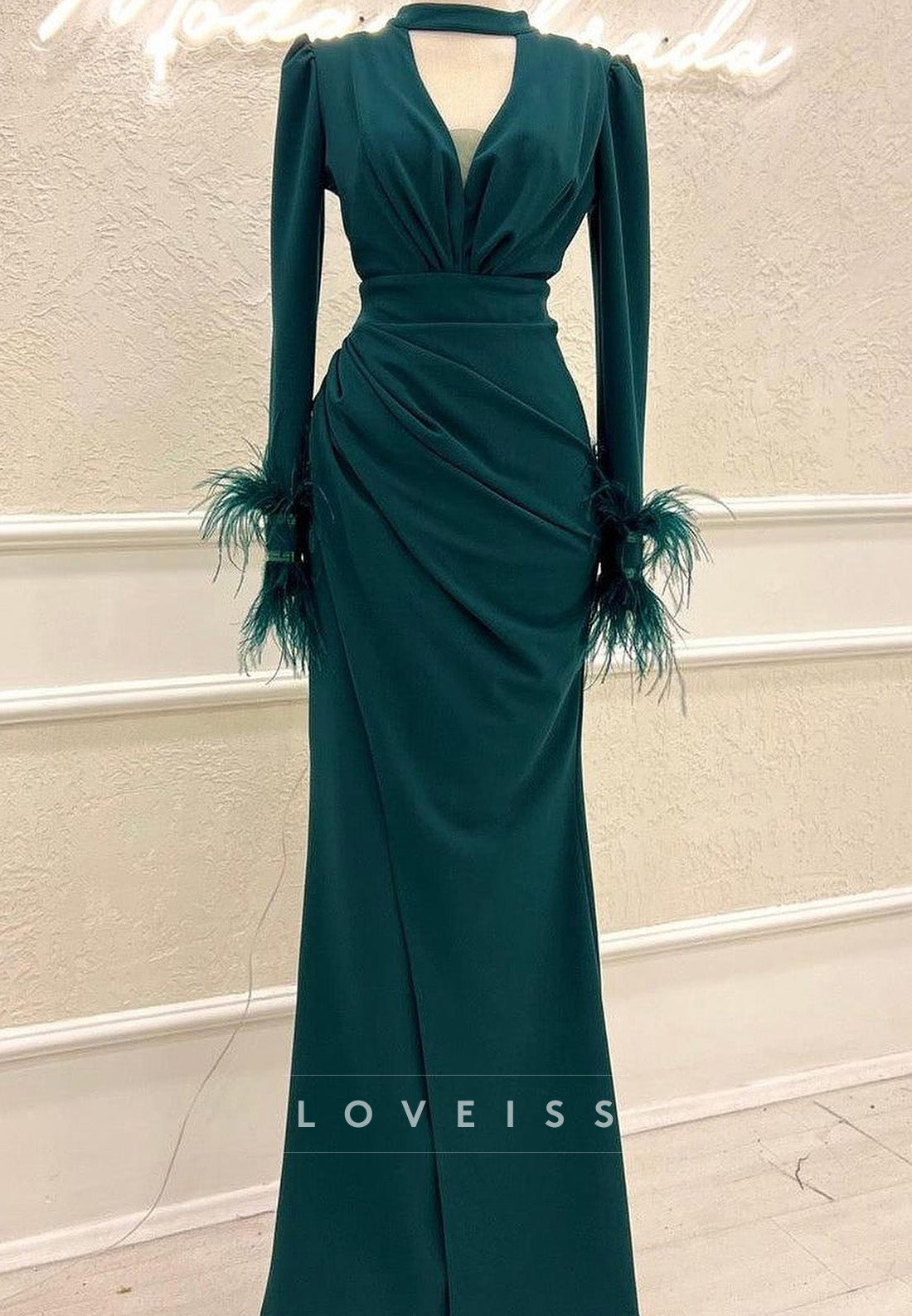 V-Neck Long Sleeves Feathered Sheath Formal Dress