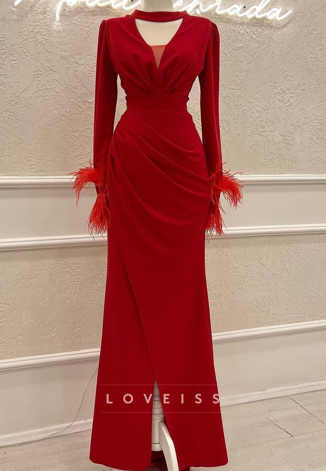 V-Neck Long Sleeves Feathered Sheath Formal Dress