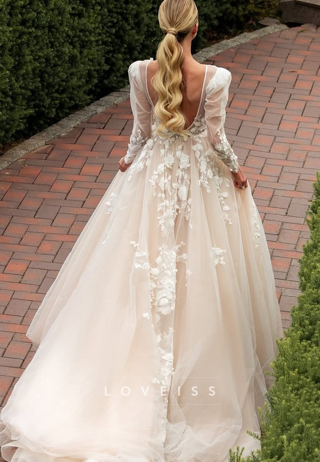 V-Neck Long Sleeves Floral Appliques A-Line Wedding Dress