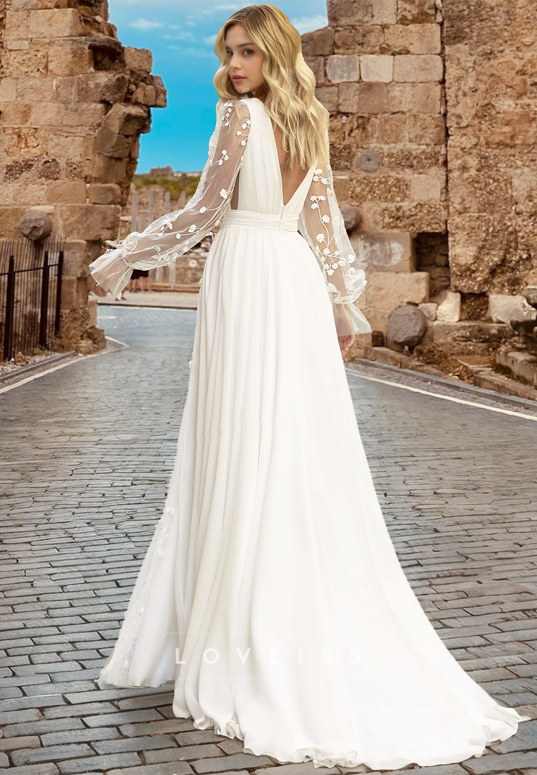 V-Neck Long Sleeves Floral Appliques A-Line Wedding Dress