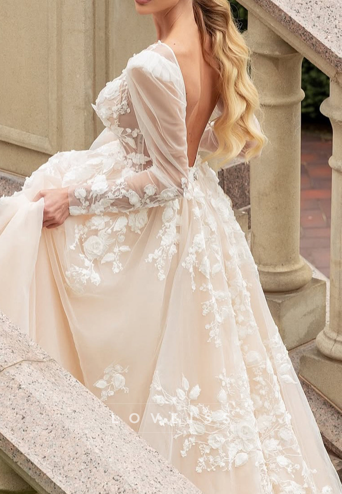 V-Neck Long Sleeves Floral Appliques A-Line Wedding Dress