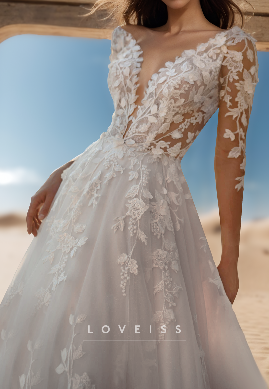 V-Neck Long Sleeves Floral Appliques Ball Gown Wedding Dress