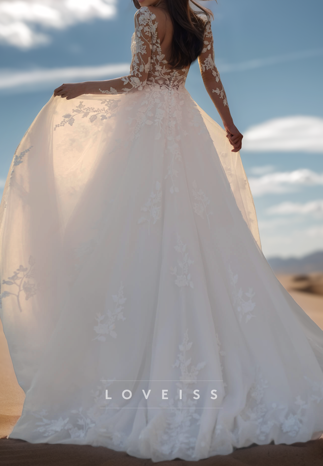 V-Neck Long Sleeves Floral Appliques Ball Gown Wedding Dress