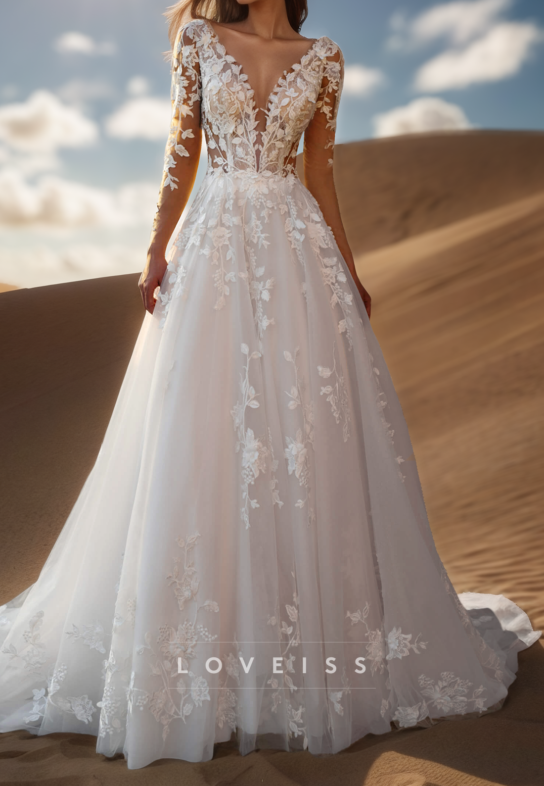 V-Neck Long Sleeves Floral Appliques Ball Gown Wedding Dress
