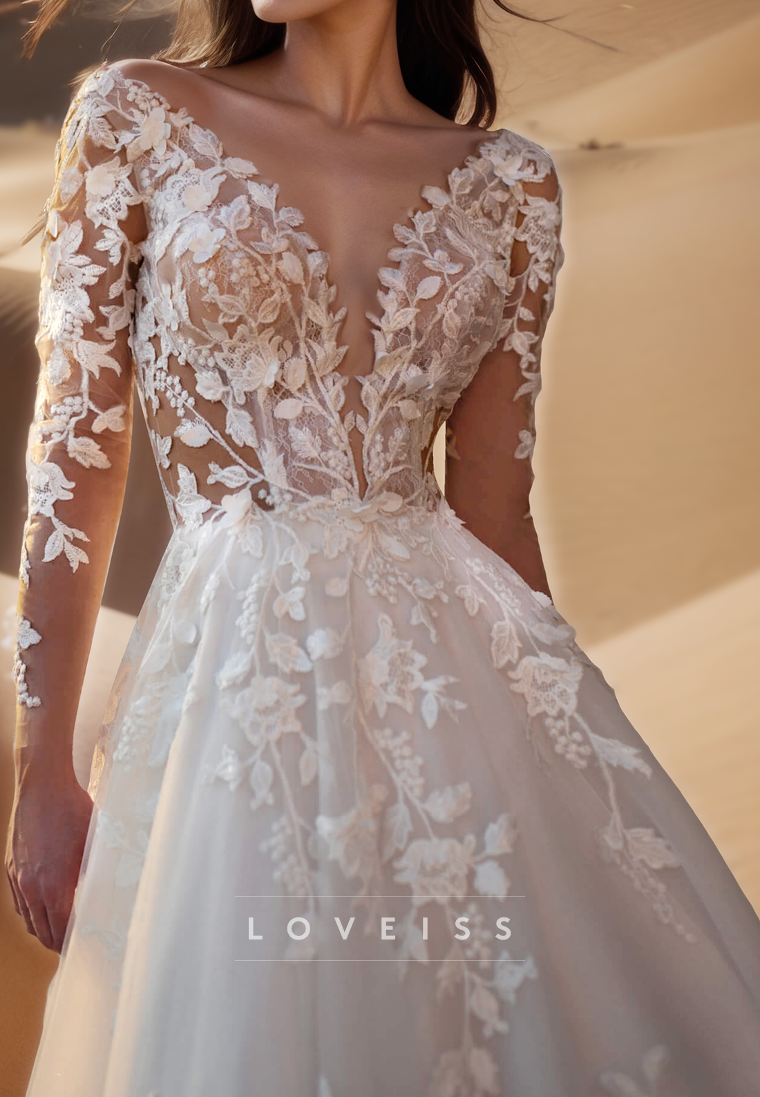 V-Neck Long Sleeves Floral Appliques Ball Gown Wedding Dress