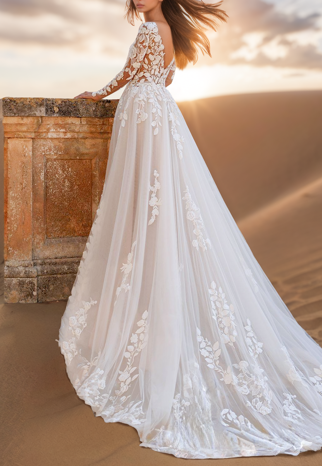 V-Neck Long Sleeves Floral Appliques Tulle A-Line Wedding Dress