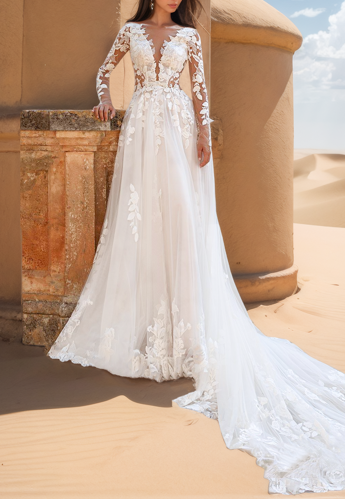 tulle a-line wedding dress with floral appliques A-line Straps Sweetheart Appliques Tulle Long Wedding Dress WD369 US8 / Custom Color
