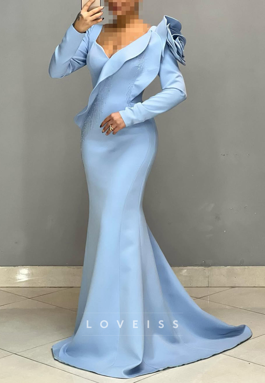 V-Neck Long Sleeves Floral Embellished Mermaid Formal Dress