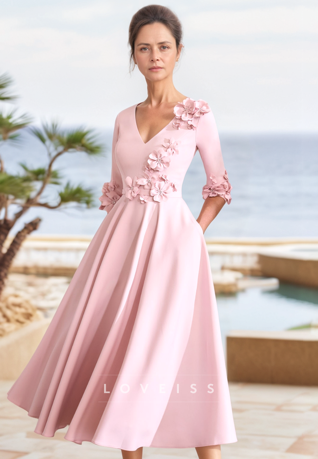V-Neck Long Sleeves Floral Pleated A-Line Mother of Bride Dress