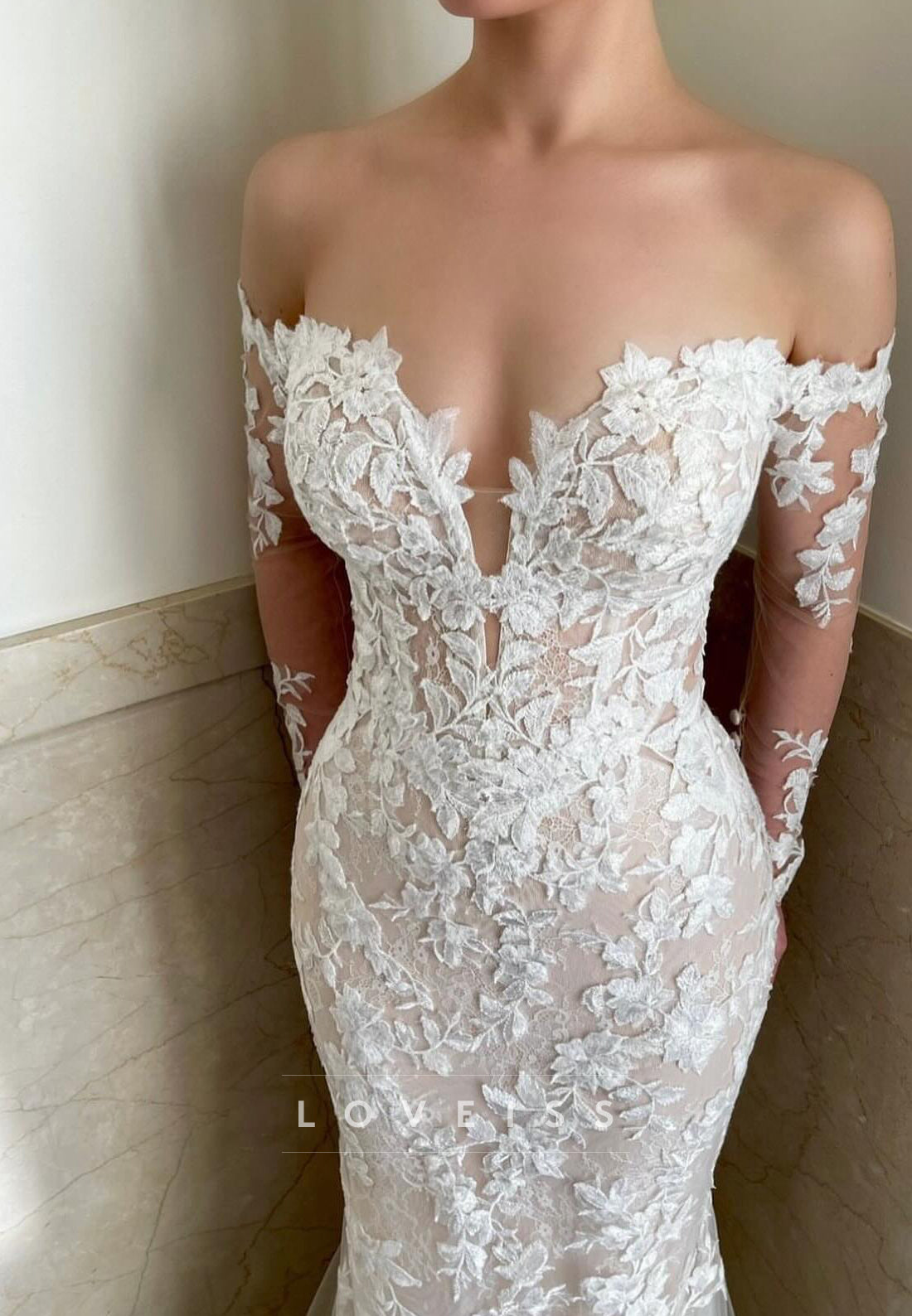 V-Neck Long Sleeves Full Appliques Fitted Mermaid Wedding Dress