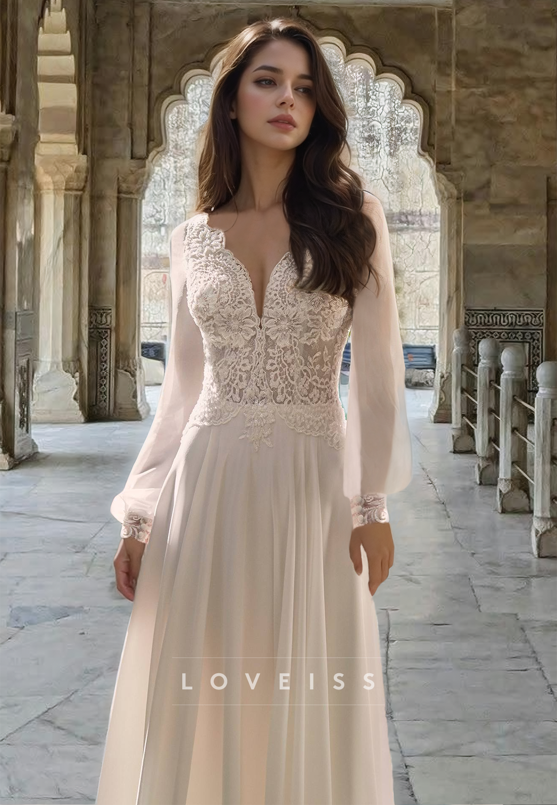 V-Neck Long Sleeves Lace Appliquees Chiffon A-Line Boho Wedding Dress